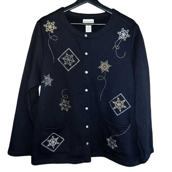 Sweaters - Breckenridge Pearl Snap Cardigan Womens 1X Black Holiday‎ Embroidered Print